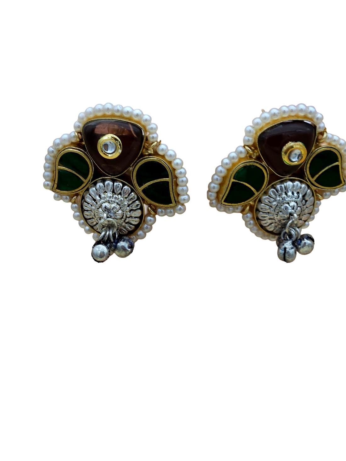 Cute Designer Antique Gold-Silver Oxidized Kundan Polky-Purple -Green Glass Stone-Pearl Stud Earring