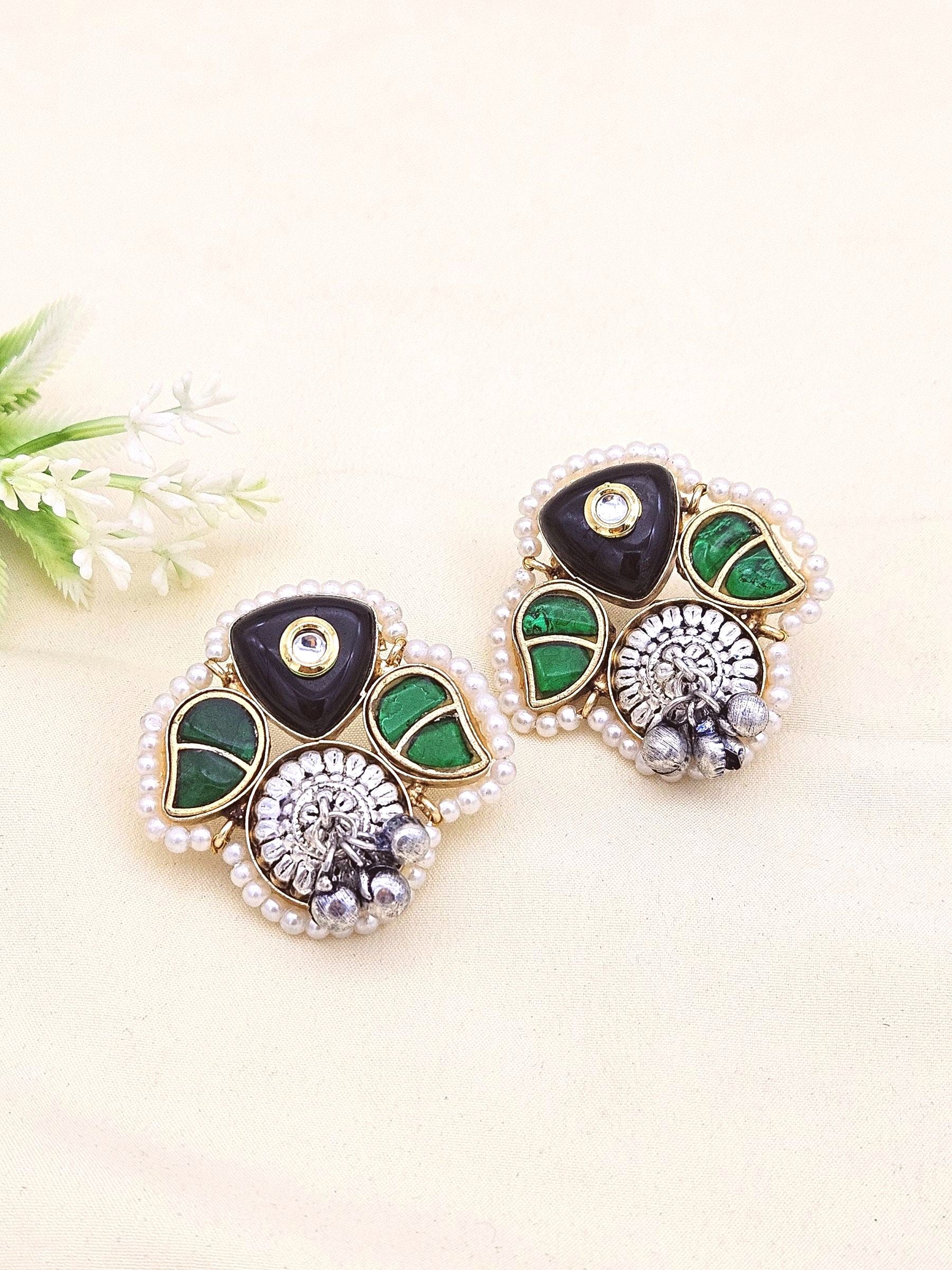 Cute Designer Antique Gold-Silver Oxidized Kundan Polky-Black -Green Glass Stone-Pearl Stud Earring