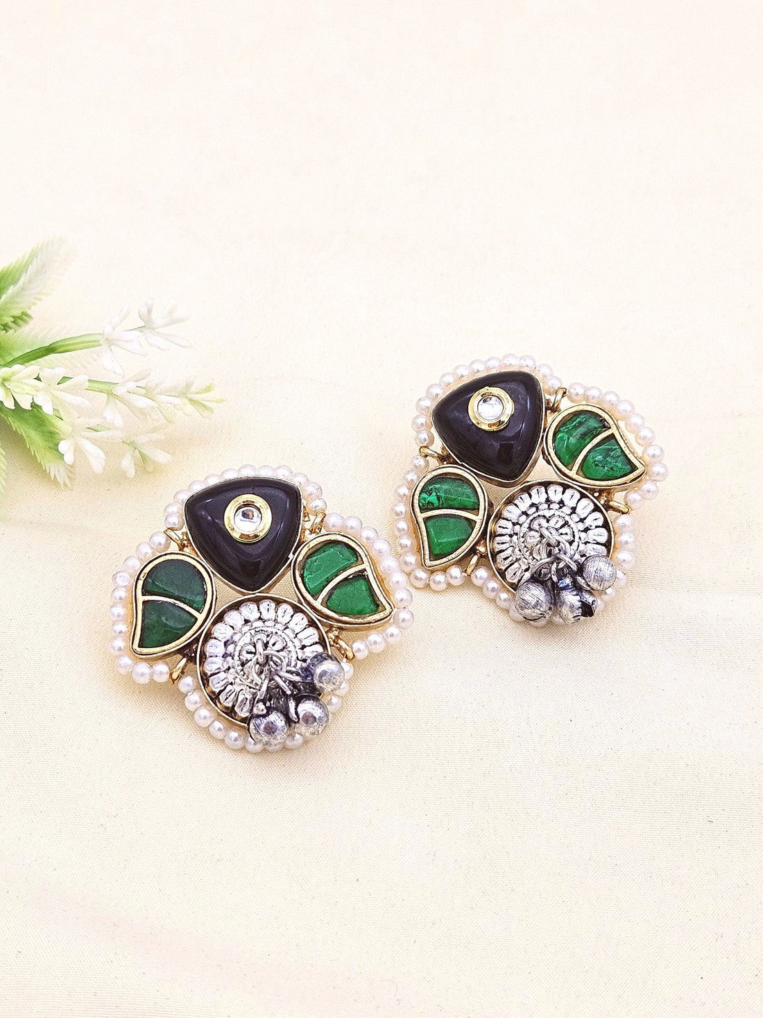Cute Designer Antique Gold-Silver Oxidized Kundan Polky-Black -Green Glass Stone-Pearl Stud Earring