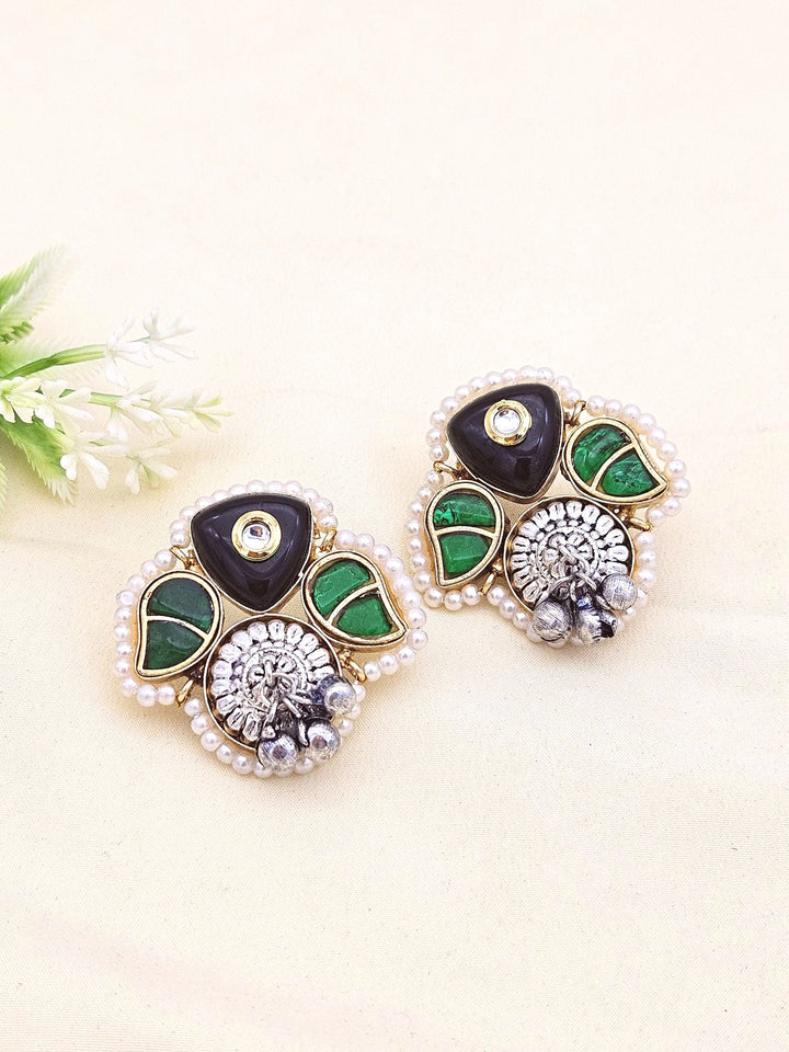 Cute Designer Antique Gold-Silver Oxidized Kundan Polky-Black -Green Glass Stone-Pearl Stud Earring