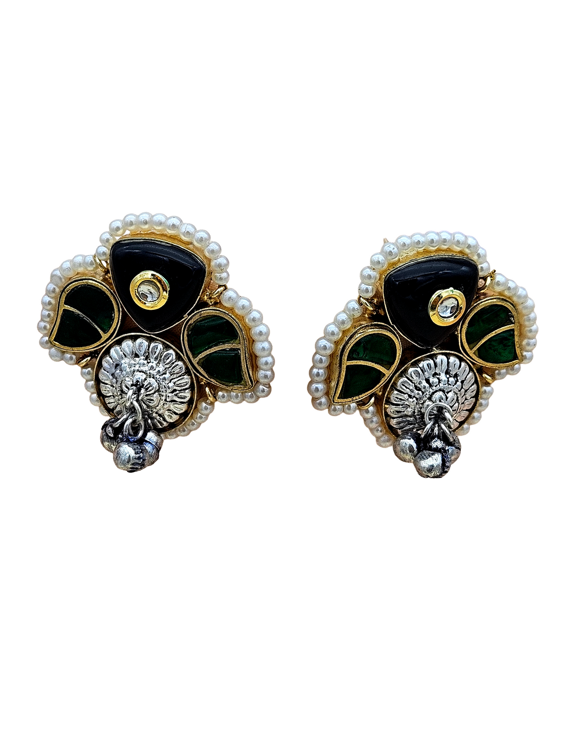 Cute Designer Antique Gold-Silver Oxidized Kundan Polky-Black -Green Glass Stone-Pearl Stud Earring