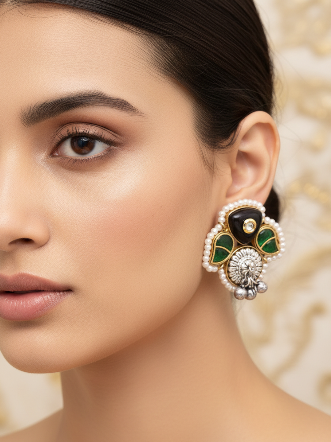 Cute Designer Antique Gold-Silver Oxidized Kundan Polky-Black -Green Glass Stone-Pearl Stud Earring