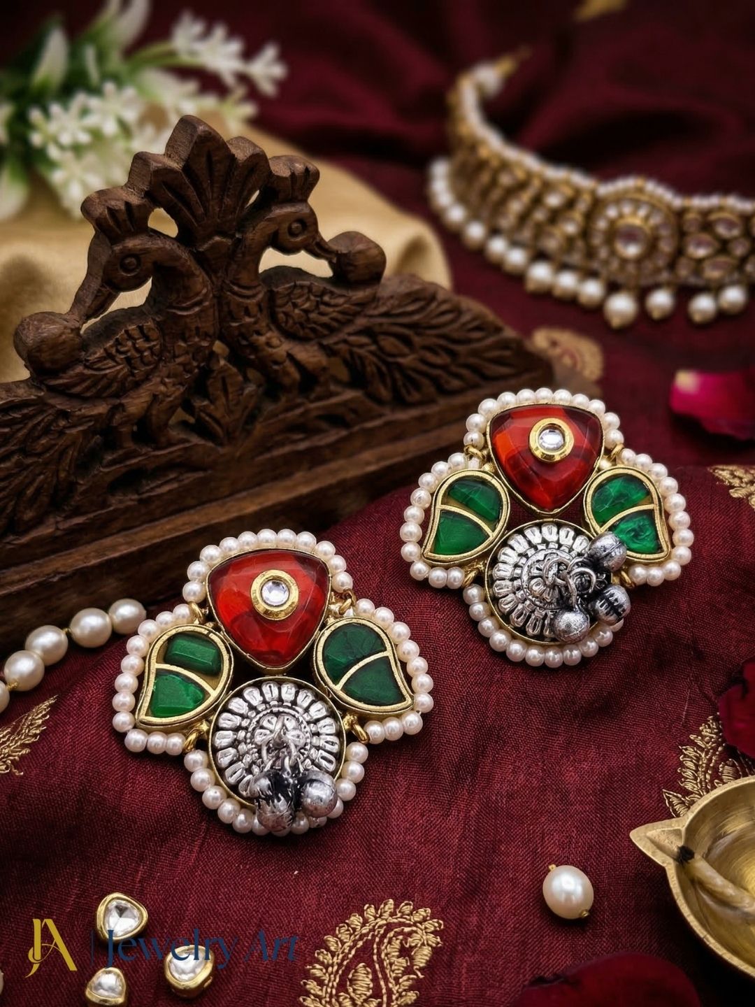 Beautiful ethnic stud earrings with oxidized metal, glass stone and pearl accents
