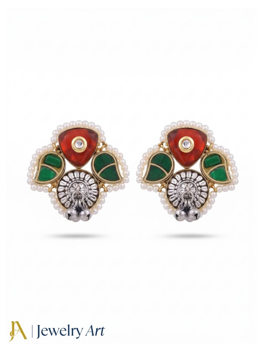 Cute Designer Antique Gold-Silver Oxidized Kundan Polky-Red & Green Glass Stone-Pearl Stud Earring