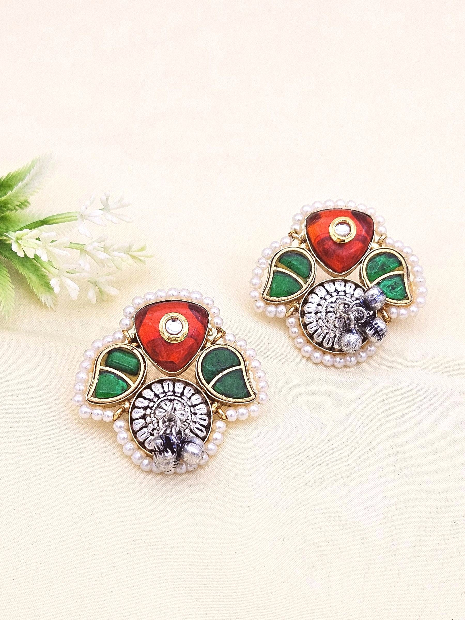 Cute Designer Antique Gold-Silver Oxidized Kundan Polky-Red & Green Glass Stone-Pearl Stud Earring