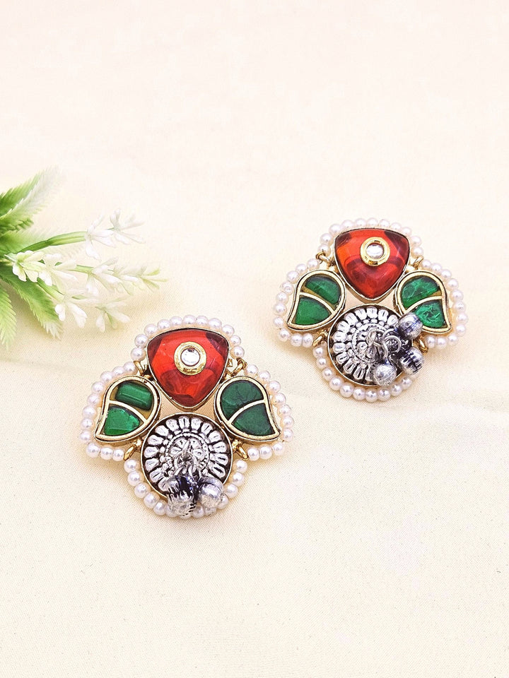 Cute Designer Antique Gold-Silver Oxidized Kundan Polky-Red & Green Glass Stone-Pearl Stud Earring