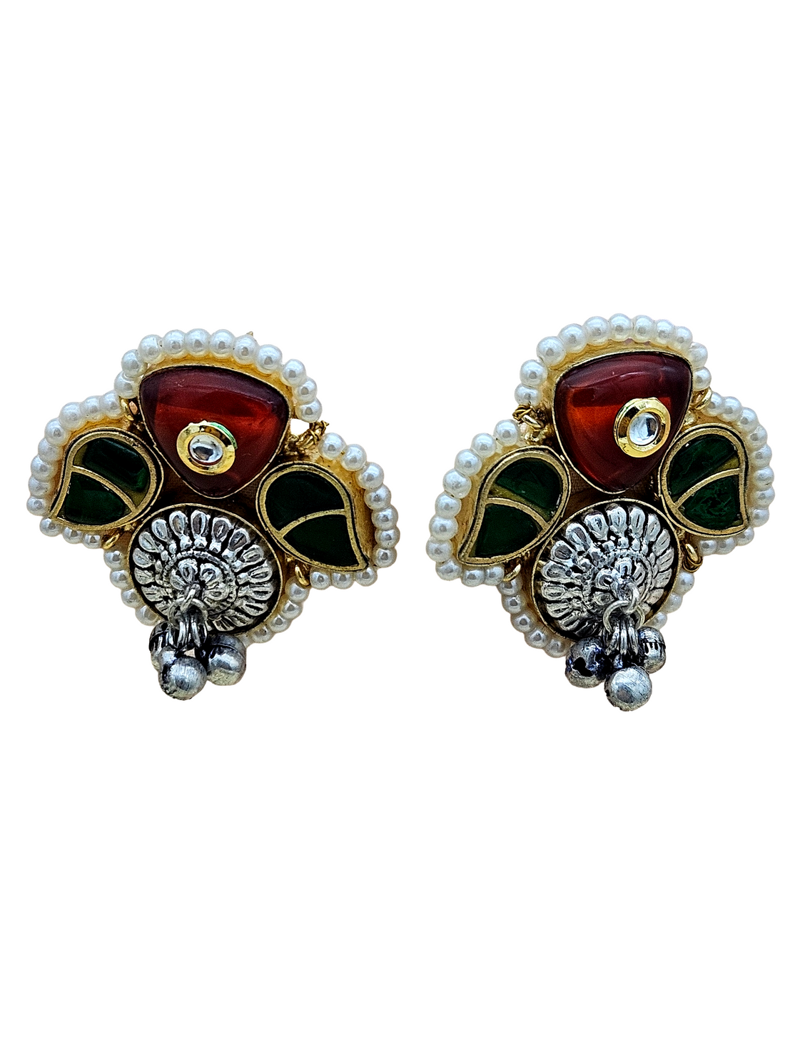 Cute Designer Antique Gold-Silver Oxidized Kundan Polky-Red & Green Glass Stone-Pearl Stud Earring