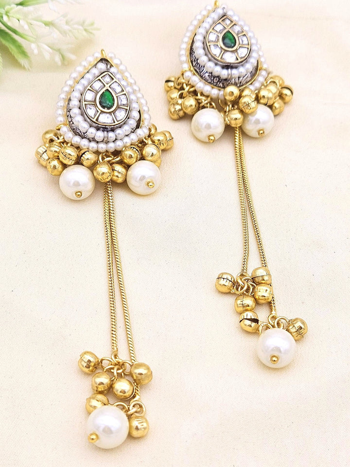 Gorgeous  Antique Gold plated Polky-Glass Stone-Pearl long Chain Stud Earrings
