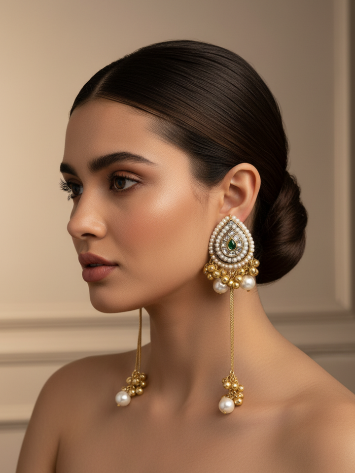 Gorgeous  Antique Gold plated Polky-Glass Stone-Pearl long Chain Stud Earrings