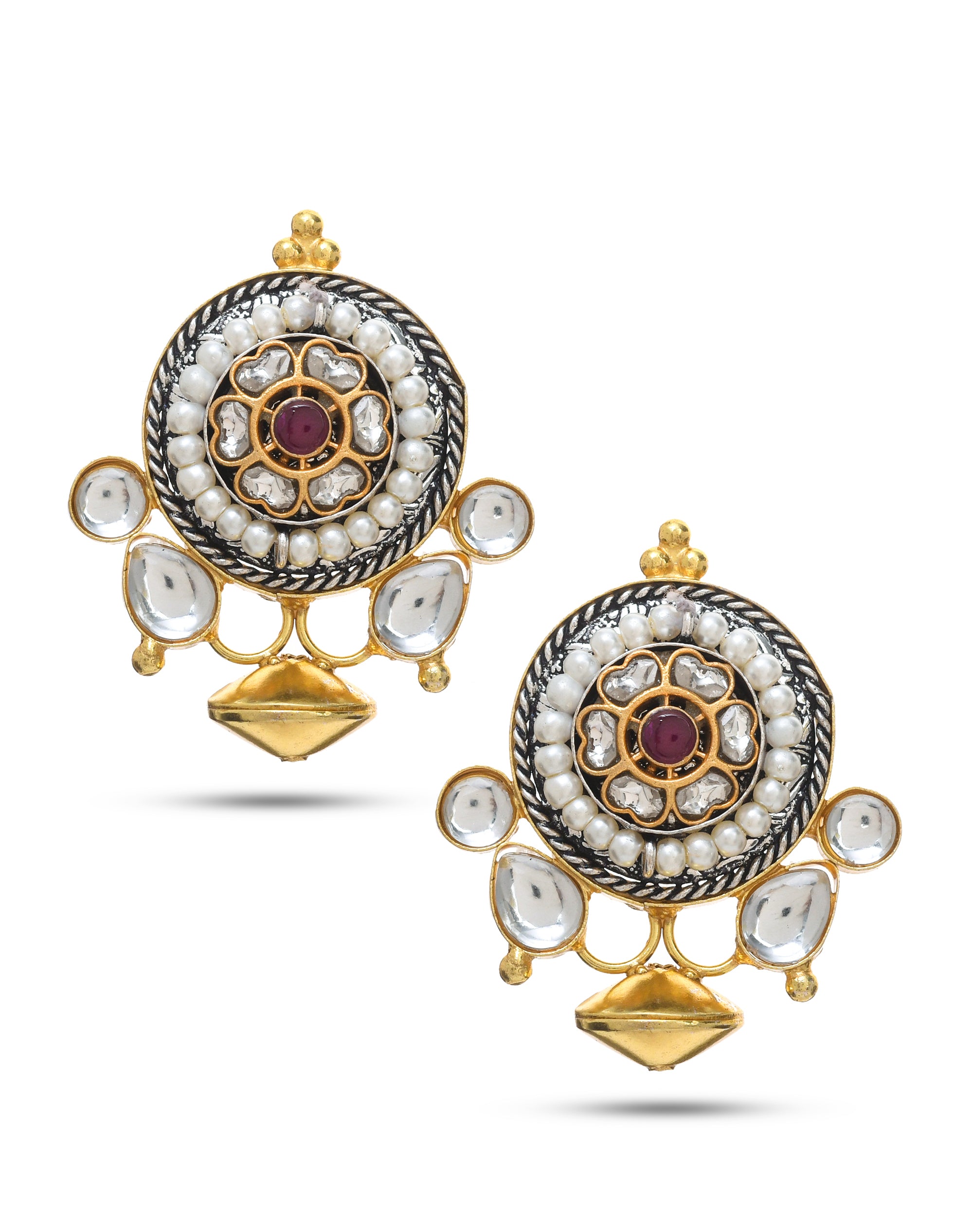 Antique gold jhumka earrings with multi‑color Kundan Polki motif styled with festive ethnic wear.

