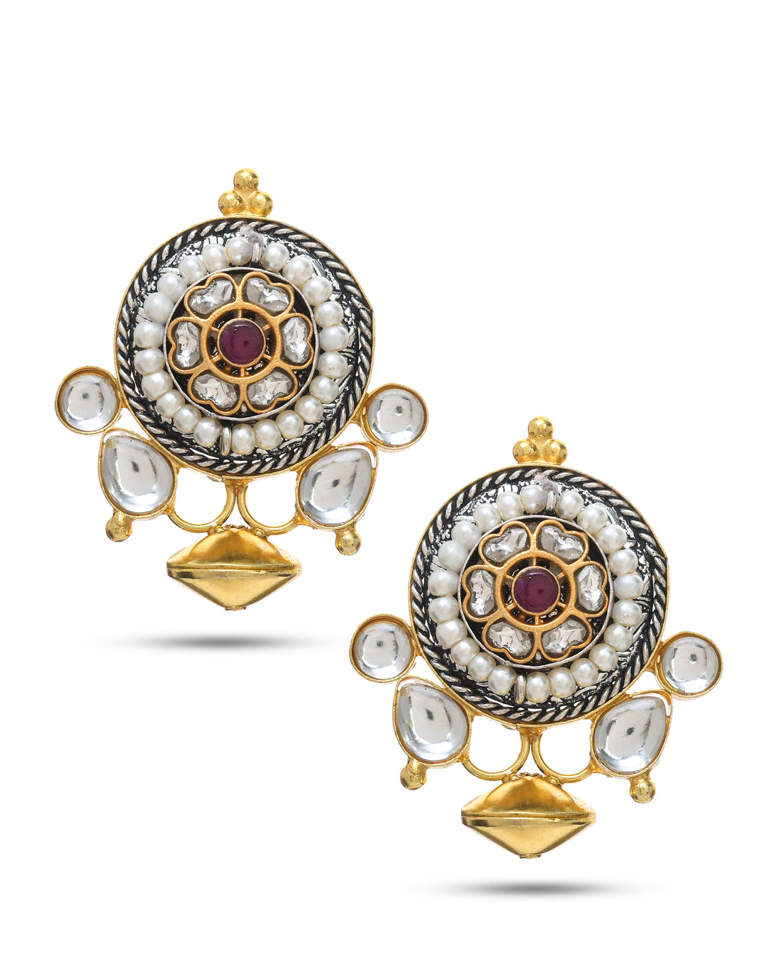 Antique gold jhumka earrings with multi‑color Kundan Polki motif styled with festive ethnic wear.
