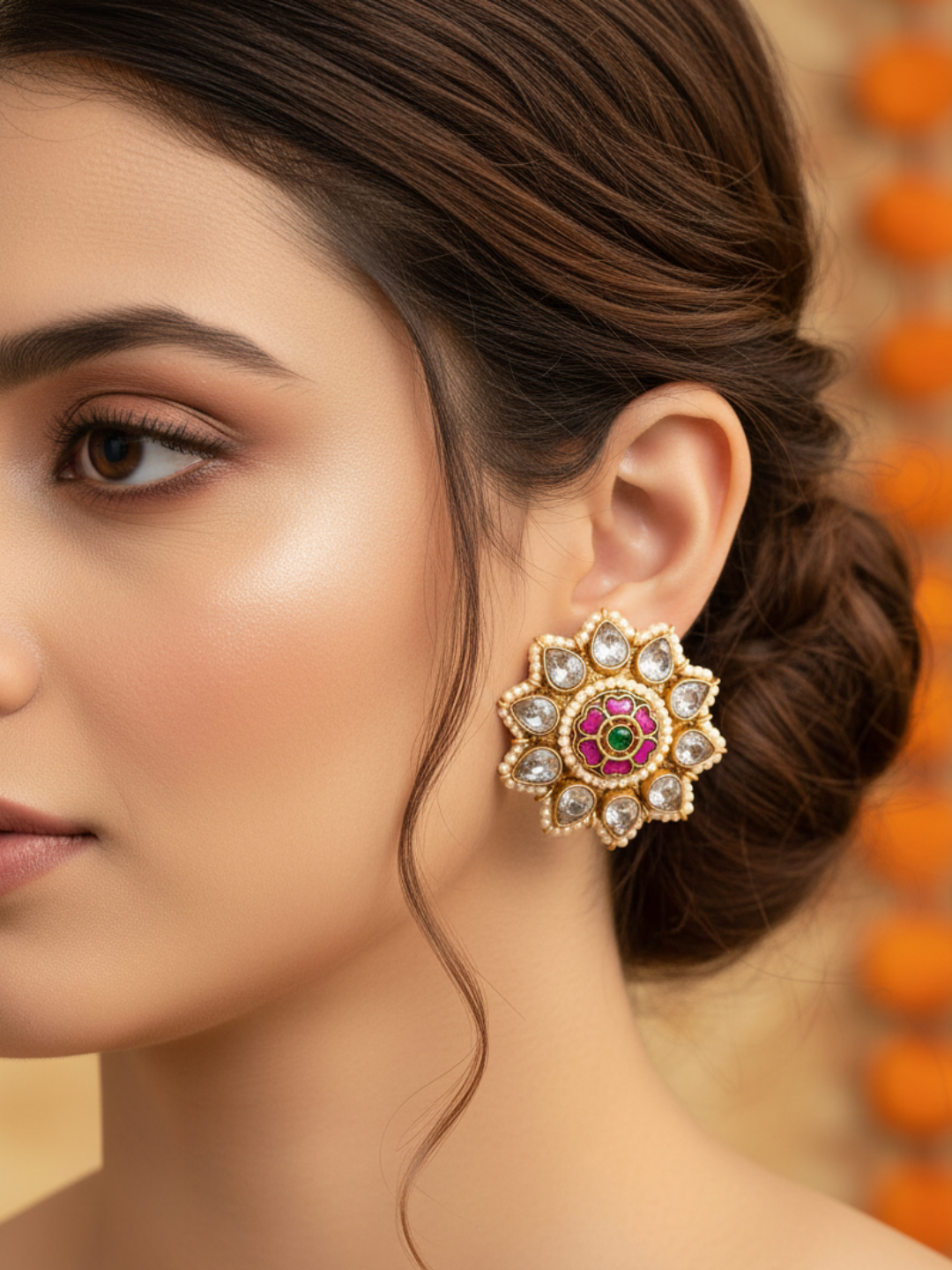 Stunning Antique Gold Kundan Polky Pearl Flower Designer Stud Earrings.