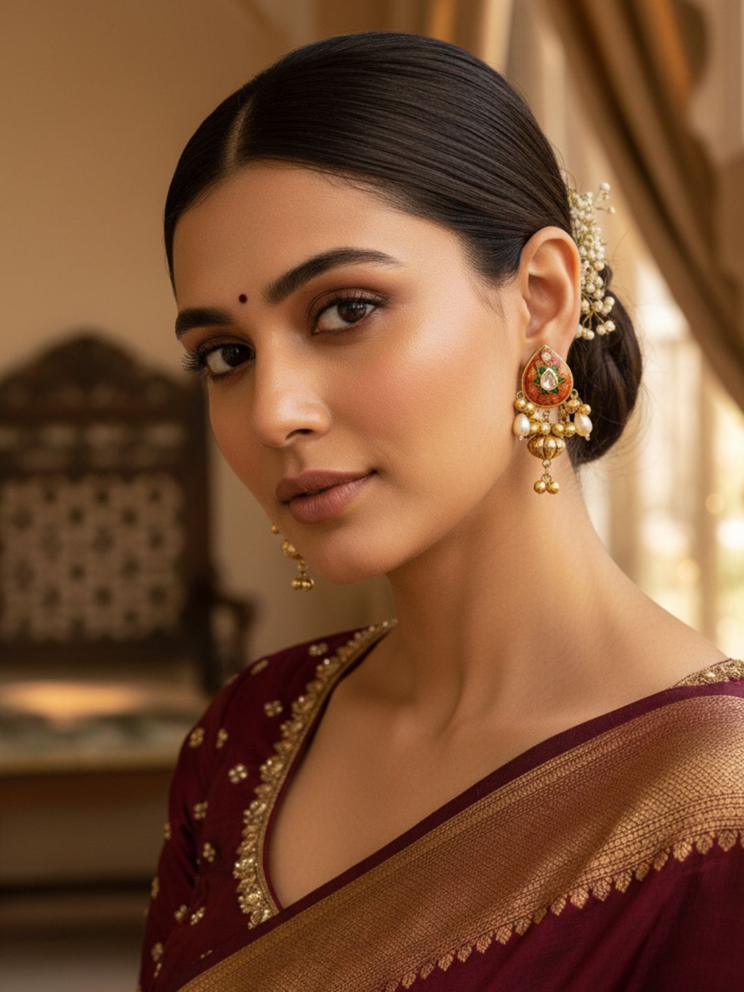 Charming Antique Gold Synthetic Polky-Multi Color Meena- Pearl Designer Stud Earrings.