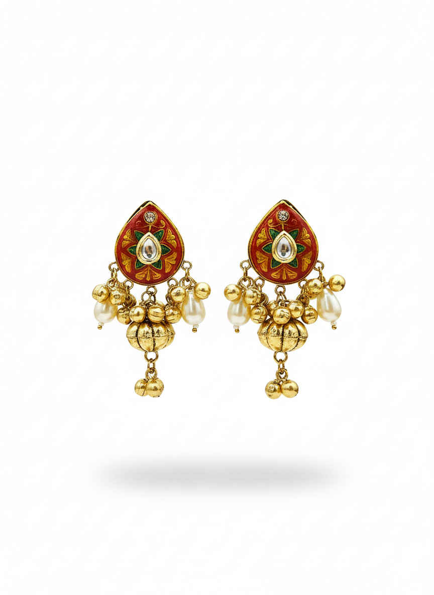Charming Antique Gold Synthetic Polky-Multi Color Meena- Pearl Designer Stud Earrings.