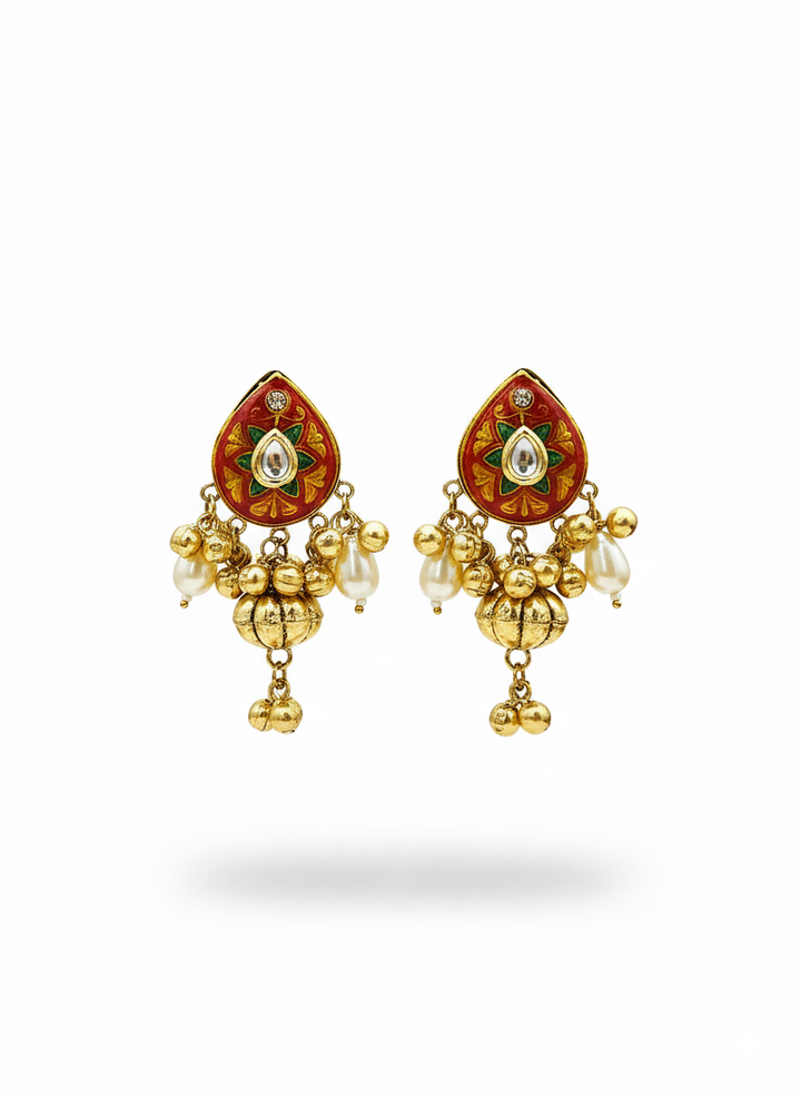 Charming Antique Gold Synthetic Polky-Multi Color Meena- Pearl Designer Stud Earrings.