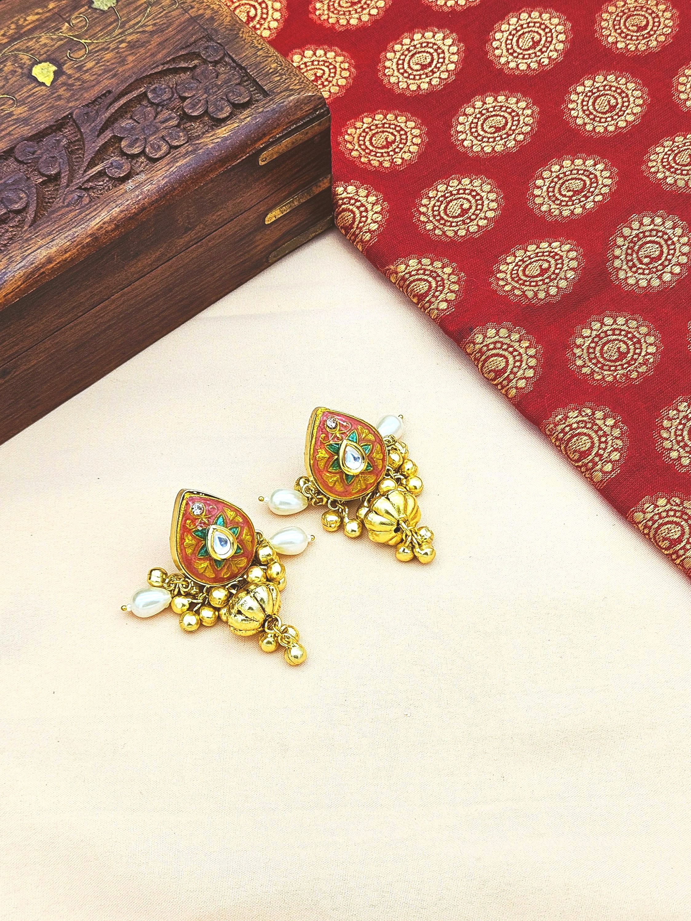 Charming Antique Gold Synthetic Polky-Multi Color Meena- Pearl Designer Stud Earrings.