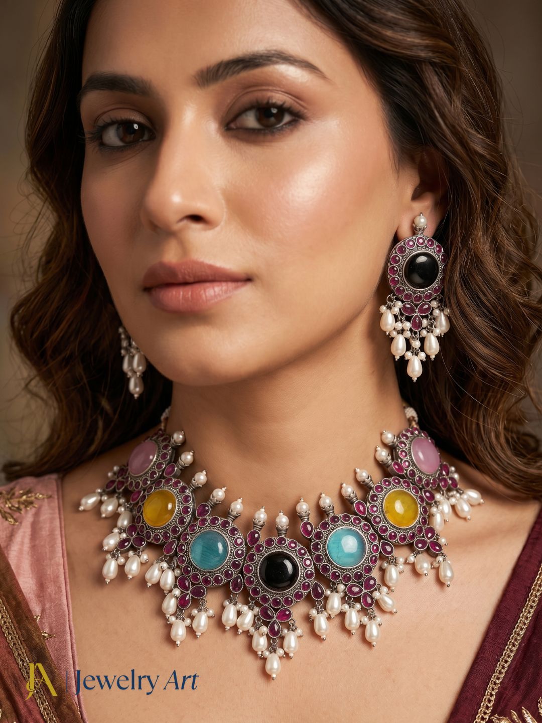 Luxury oxidized choker set with multicolor Monalisa pink glass stones and matching earrings
