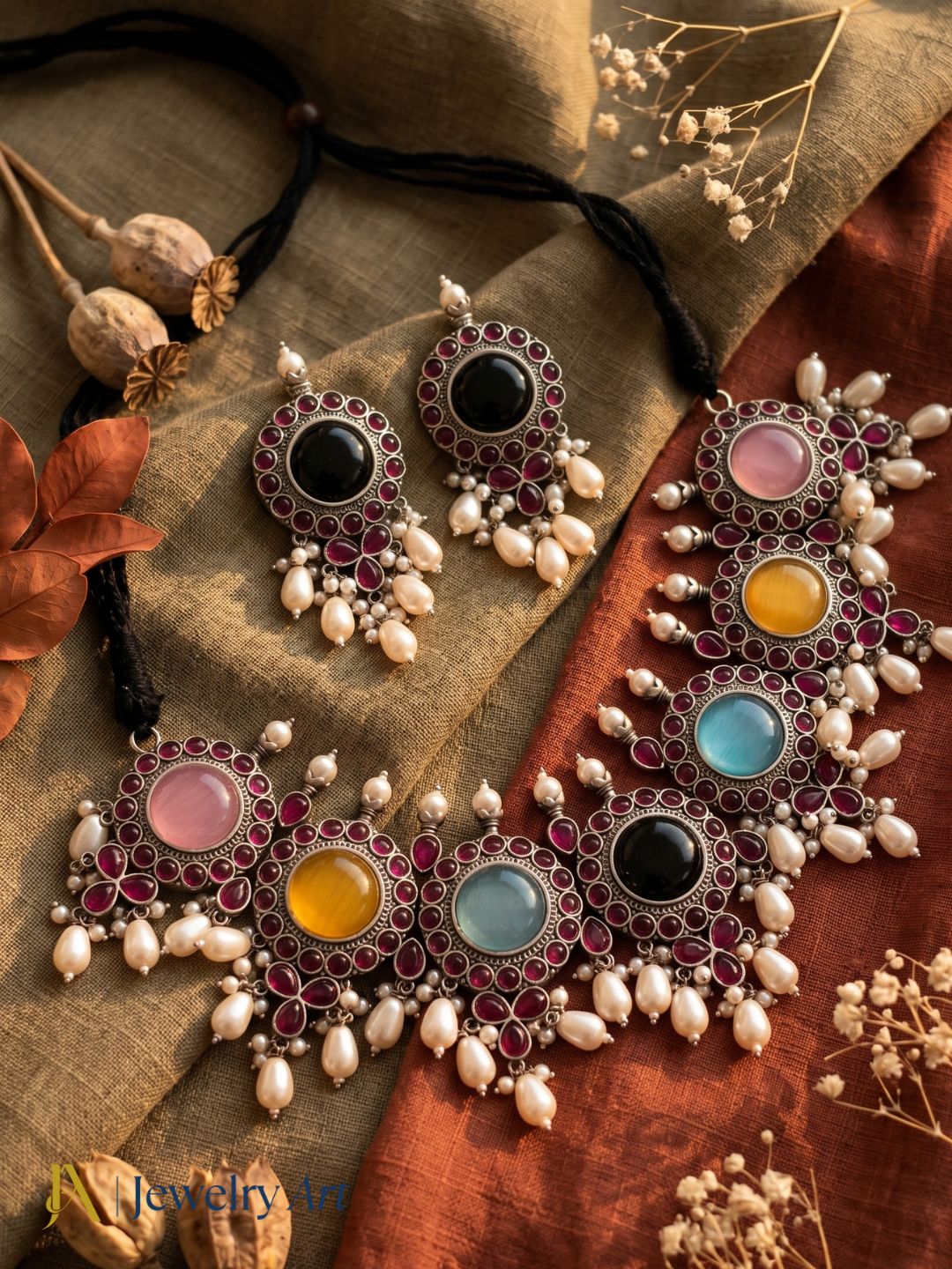 Luxury oxidized choker set with multicolor Monalisa pink glass stones and matching earrings
