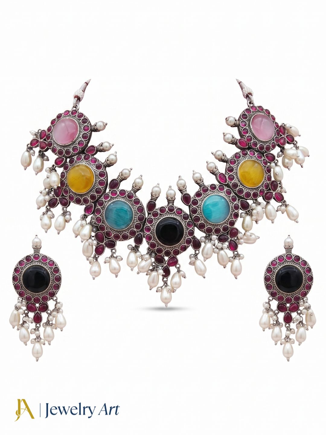 Luxury oxidized choker set with multicolor Monalisa pink glass stones and matching earrings
