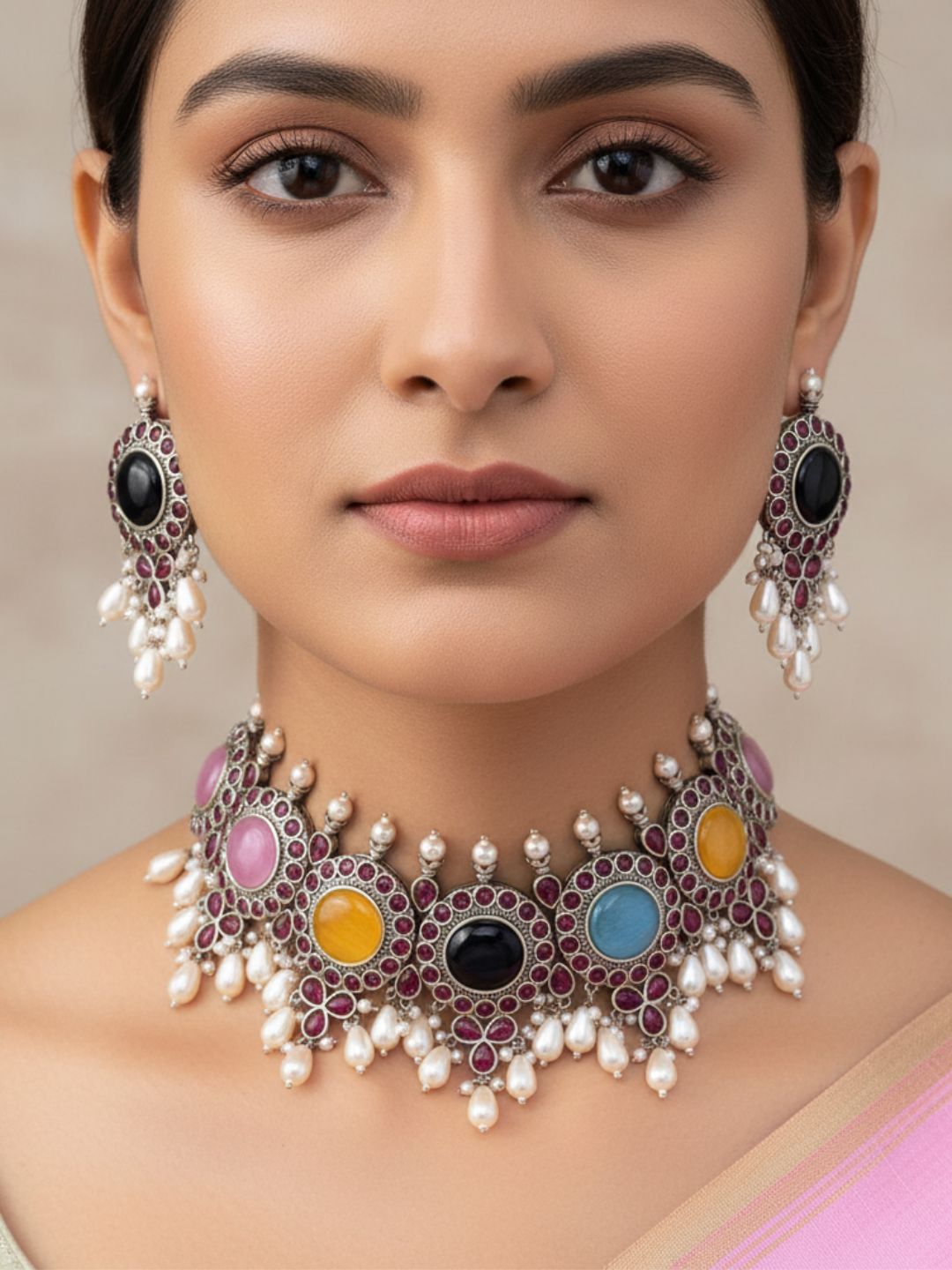 Elegant Antique GS Oxidized Multi Color Monalisa-Pink Glass Stone-Pearl Choker Necklace-Earring Set