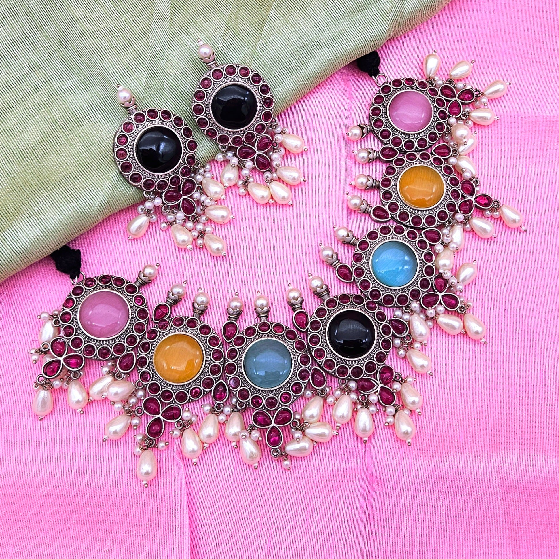 Elegant Antique GS Oxidized Multi Color Monalisa-Pink Glass Stone-Pearl Choker Necklace-Earring Set