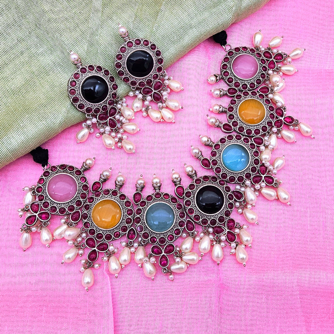 Elegant Antique GS Oxidized Multi Color Monalisa-Pink Glass Stone-Pearl Choker Necklace-Earring Set