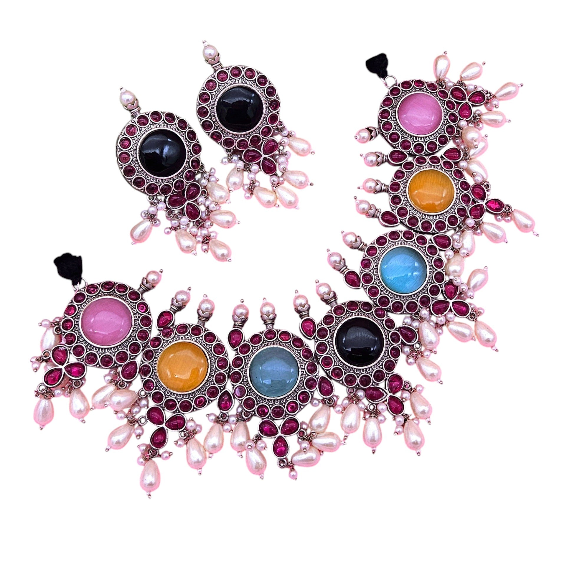 Elegant Antique GS Oxidized Multi Color Monalisa-Pink Glass Stone-Pearl Choker Necklace-Earring Set