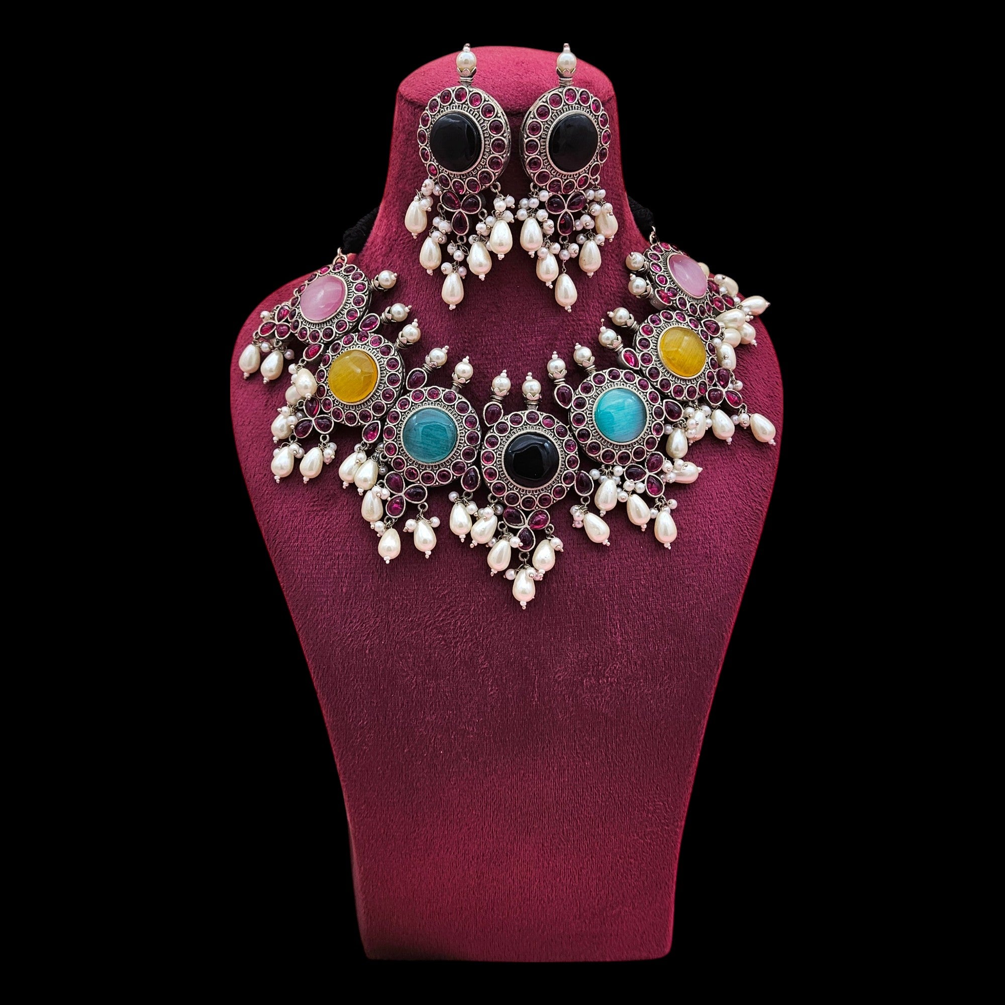 Elegant Antique GS Oxidized Multi Color Monalisa-Pink Glass Stone-Pearl Choker Necklace-Earring Set