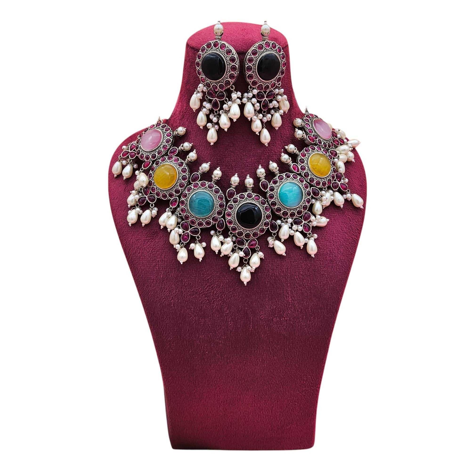 Elegant Antique GS Oxidized Multi Color Monalisa-Pink Glass Stone-Pearl Choker Necklace-Earring Set