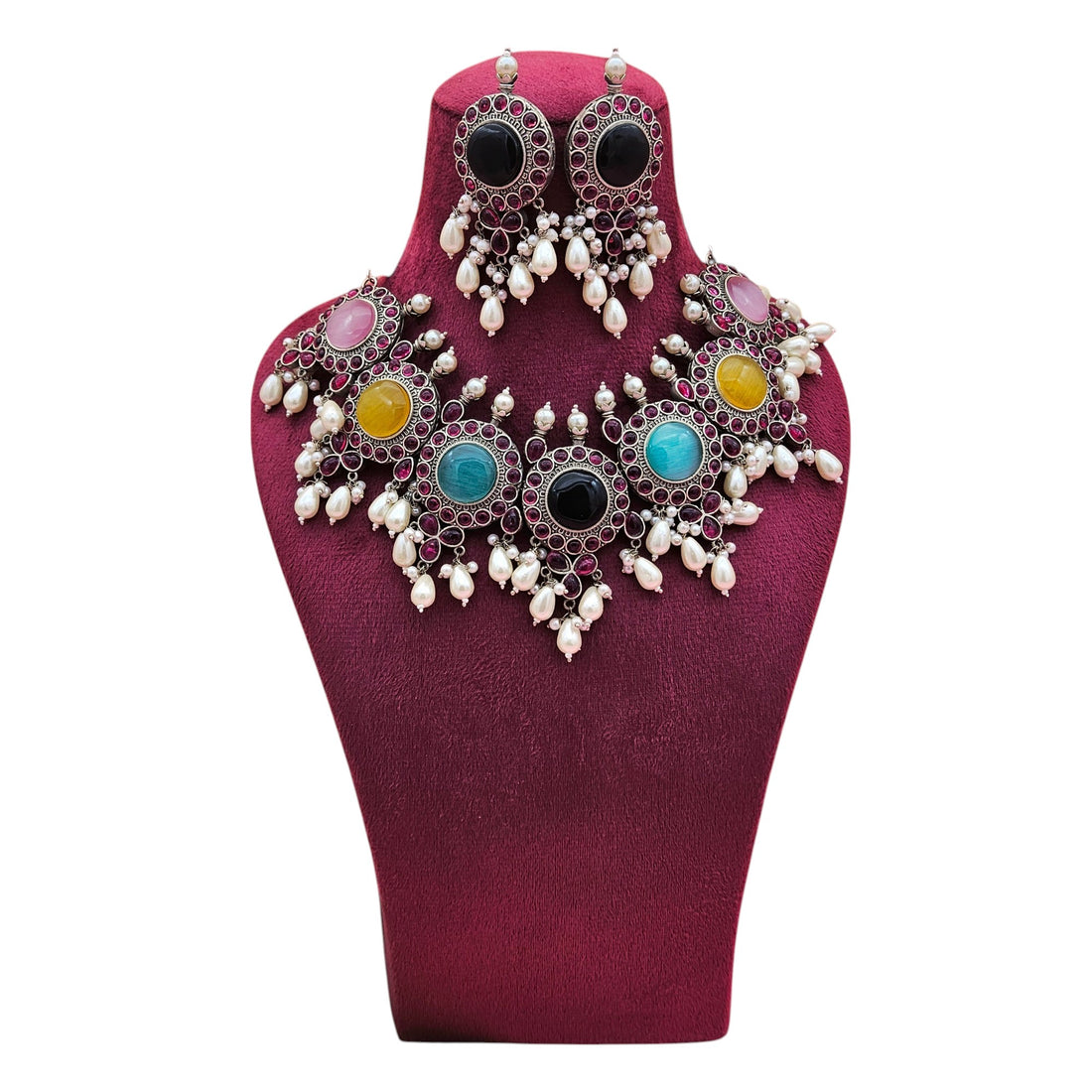 Elegant Antique GS Oxidized Multi Color Monalisa-Pink Glass Stone-Pearl Choker Necklace-Earring Set