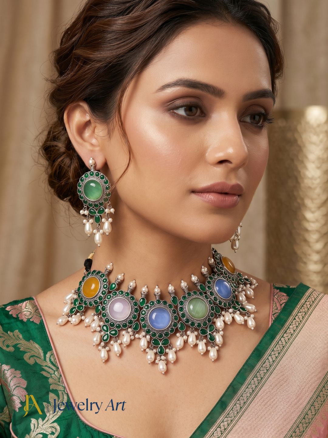 Oxidized choker set with multicolor Monalisa green glass stones and pearl detailing
