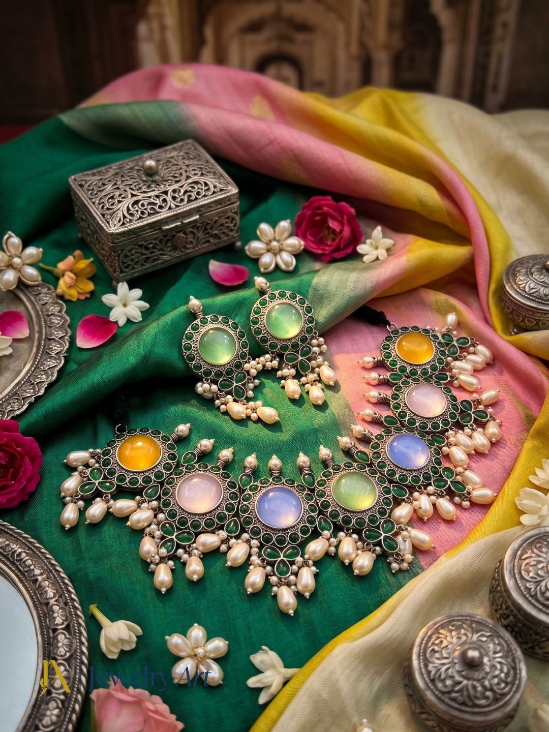 Oxidized choker set with multicolor Monalisa green glass stones and pearl detailing
