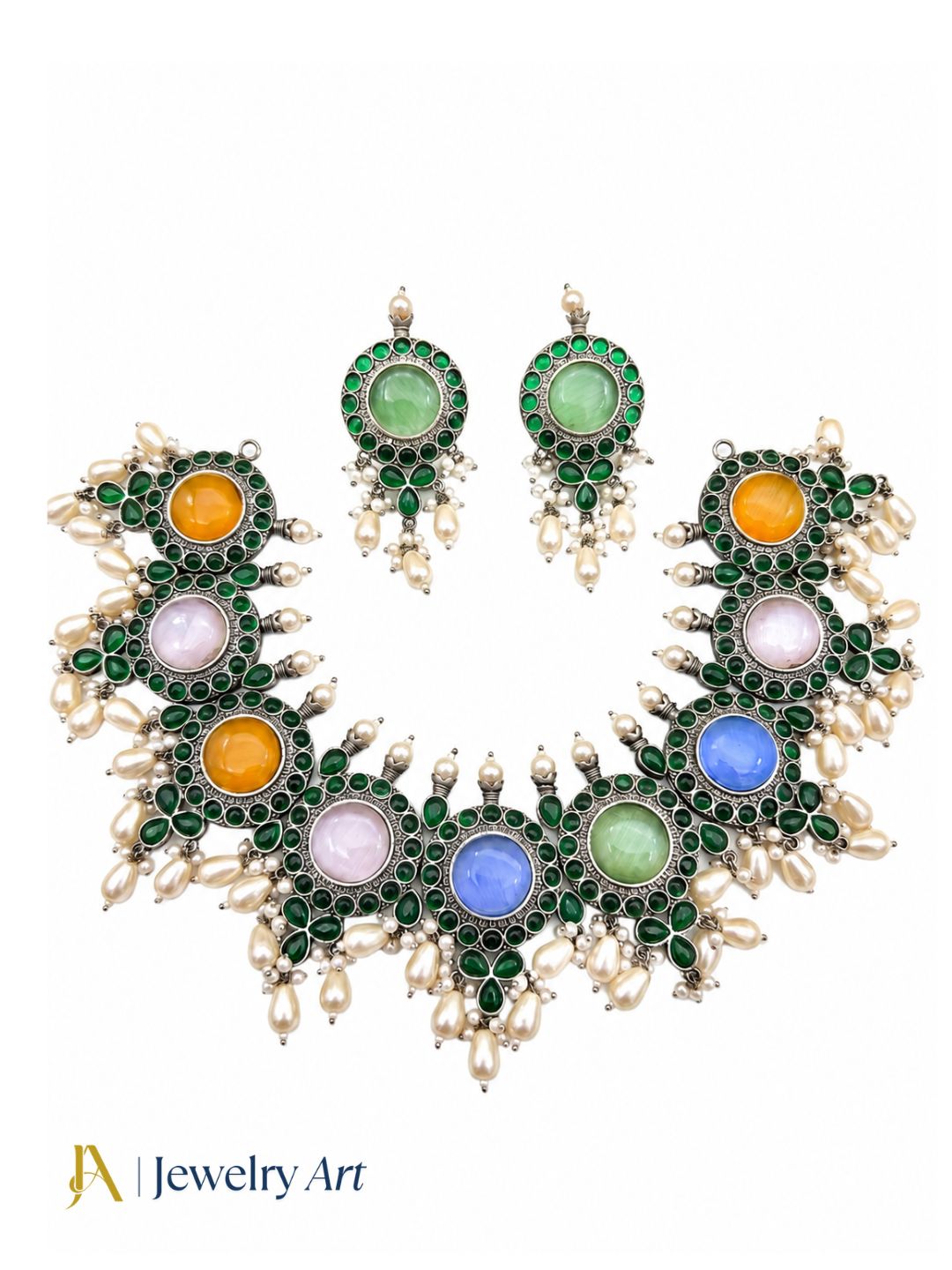 Oxidized choker set with multicolor Monalisa green glass stones and pearl detailing
