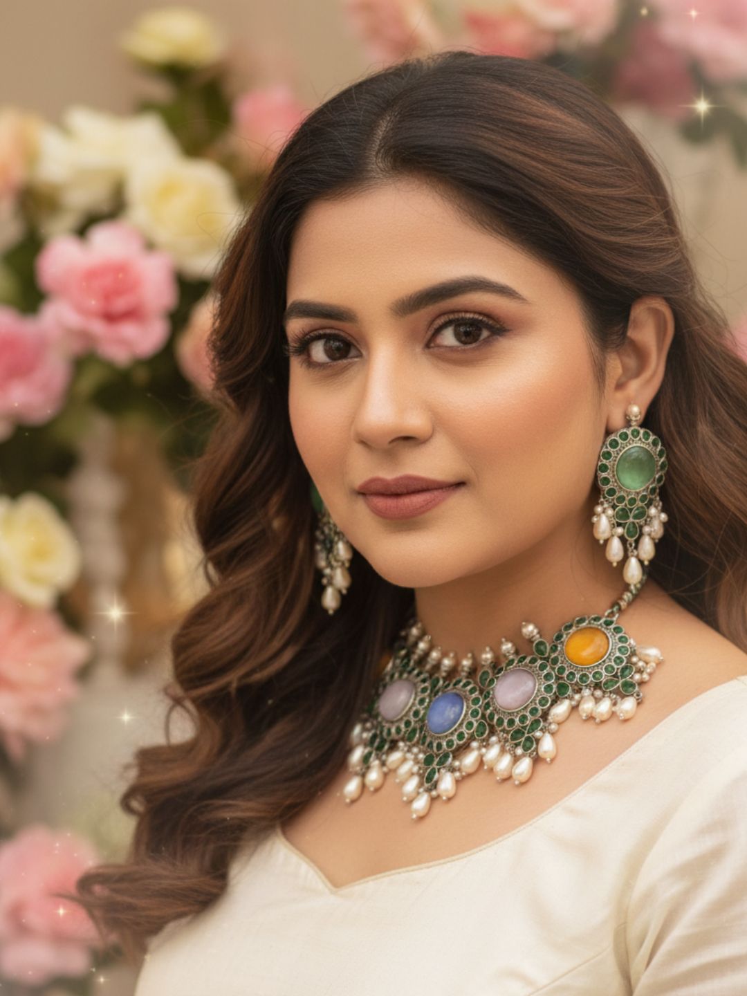 Elegant Antique GS Oxidized Multi Color Monalisa-Green Glass Stone-Pearl Choker Necklace-Earring Set