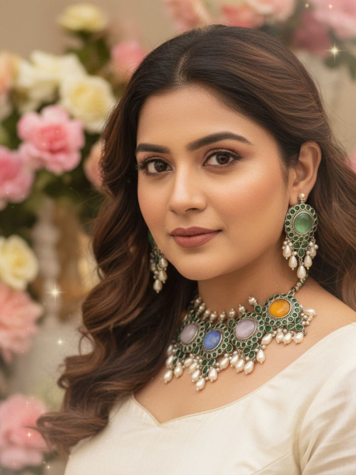 Elegant Antique GS Oxidized Multi Color Monalisa-Green Glass Stone-Pearl Choker Necklace-Earring Set