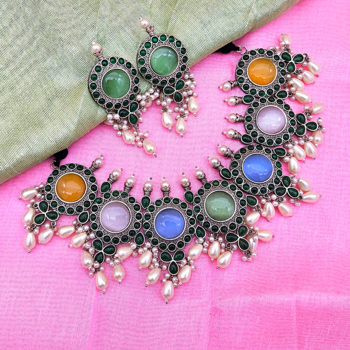 Elegant Antique GS Oxidized Multi Color Monalisa-Green Glass Stone-Pearl Choker Necklace-Earring Set