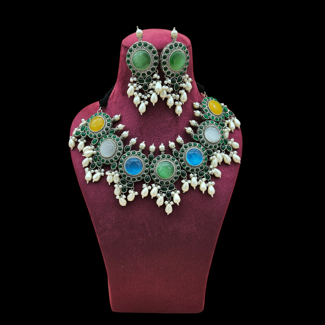 Elegant Antique GS Oxidized Multi Color Monalisa-Green Glass Stone-Pearl Choker Necklace-Earring Set