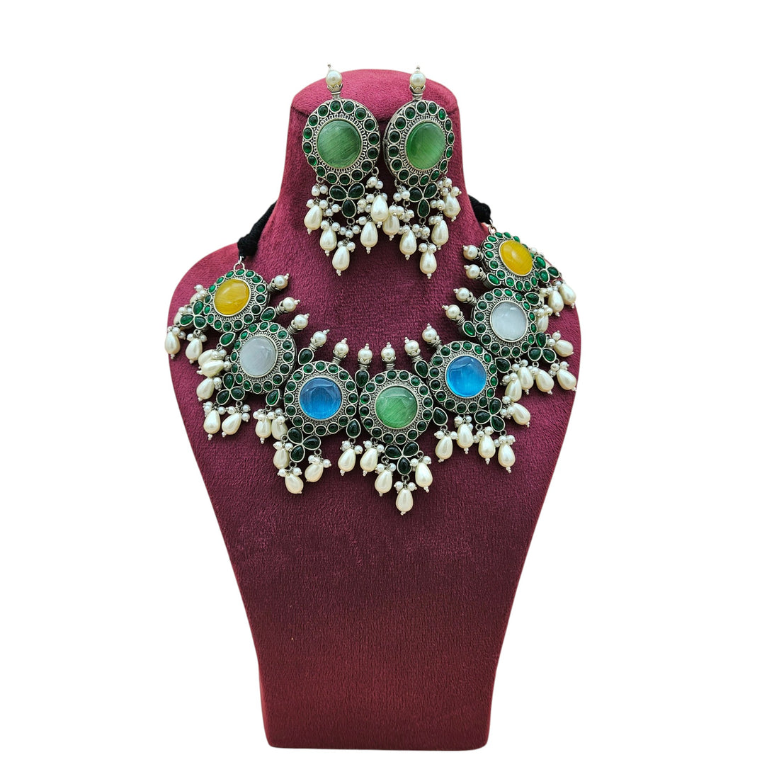 Elegant Antique GS Oxidized Multi Color Monalisa-Green Glass Stone-Pearl Choker Necklace-Earring Set