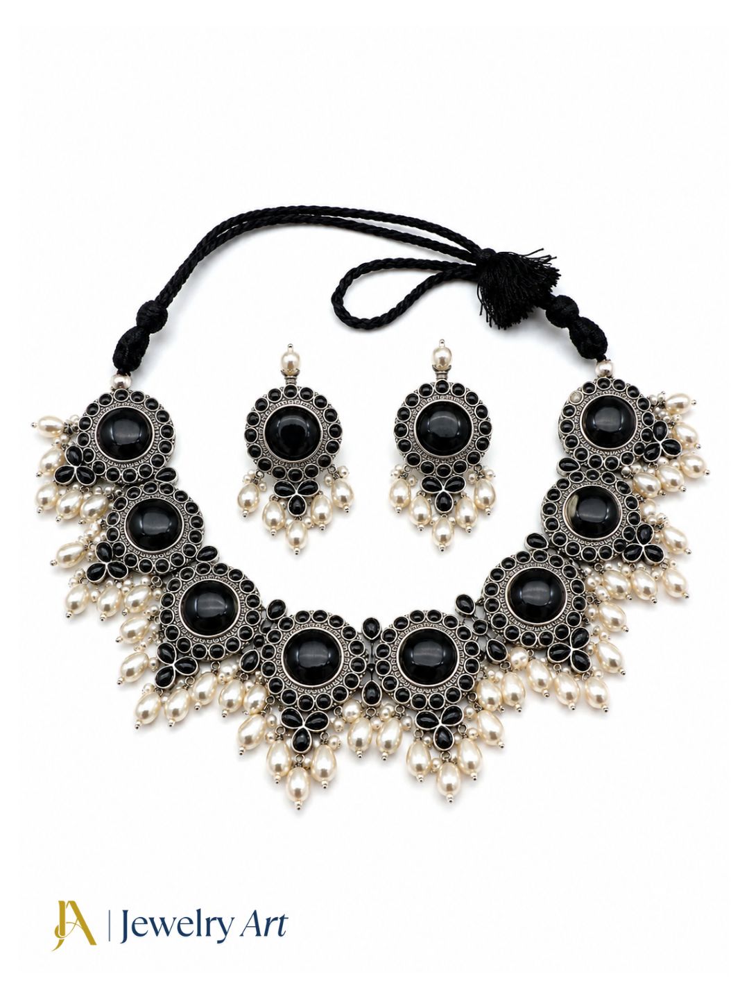 Fashion oxidized choker necklace with black stones and pearl accents
