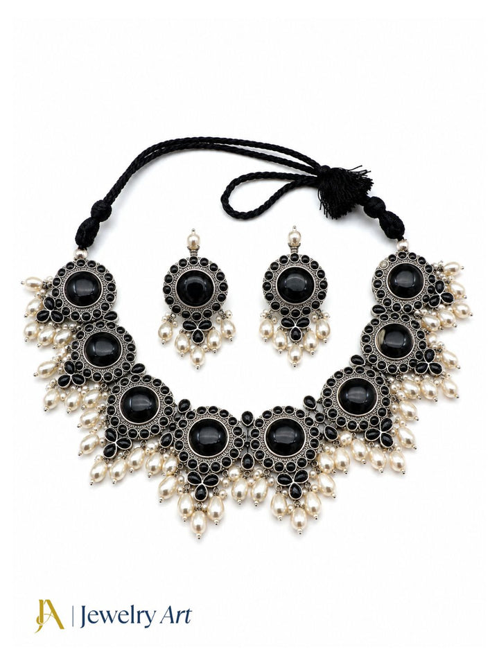 Fashion oxidized choker necklace with black stones and pearl accents
