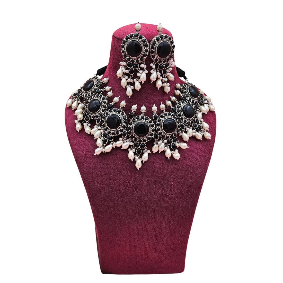 Elegant Antique GS Oxidized Black Glass Stone-Pearl Choker Necklace-Earring Set