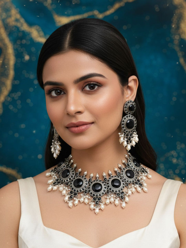Elegant Antique GS Oxidized Black Glass Stone-Pearl Choker Necklace-Earring Set