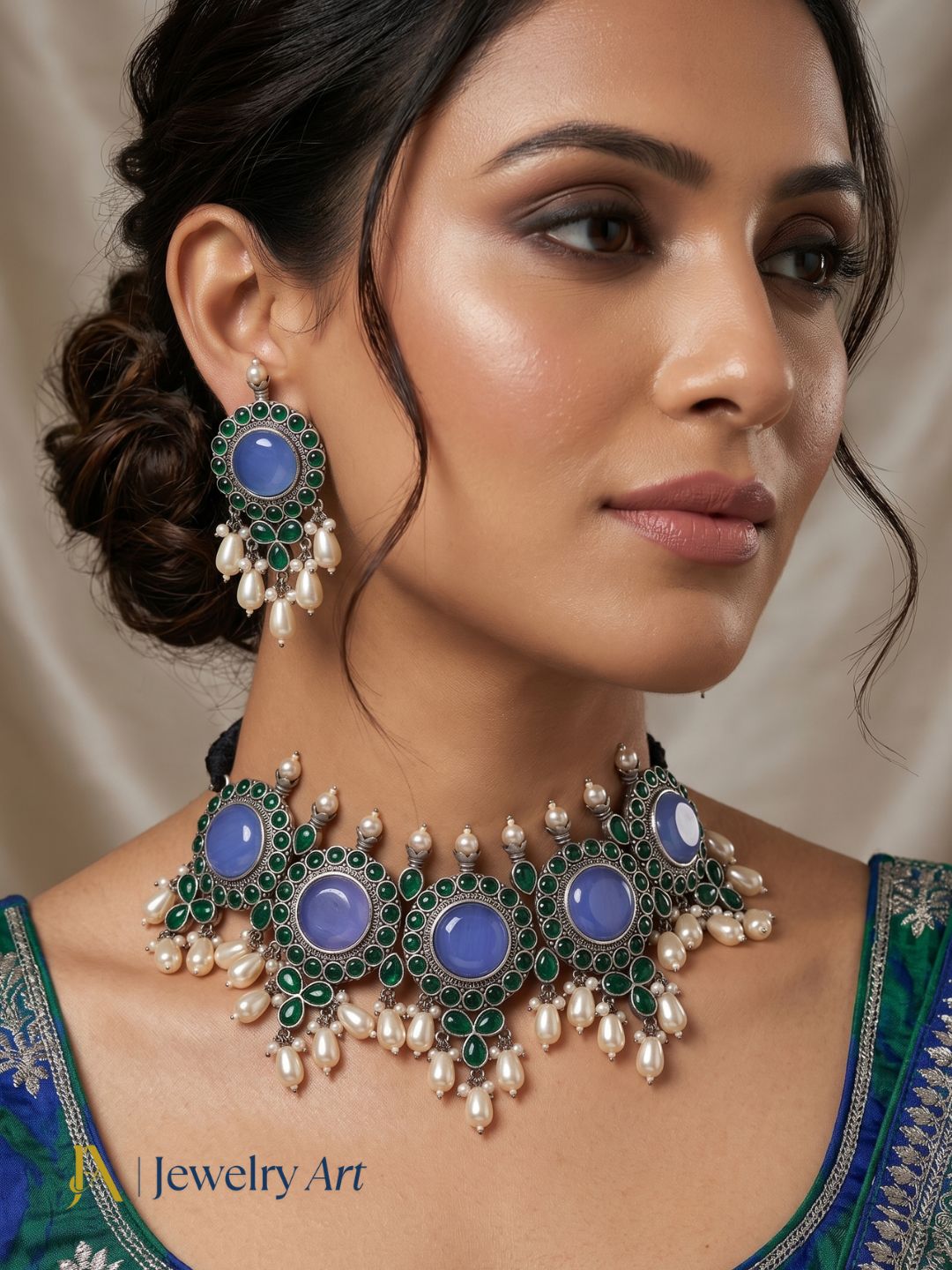 Party wear oxidized necklace earrings set with Monalisa and glass stone detailing
