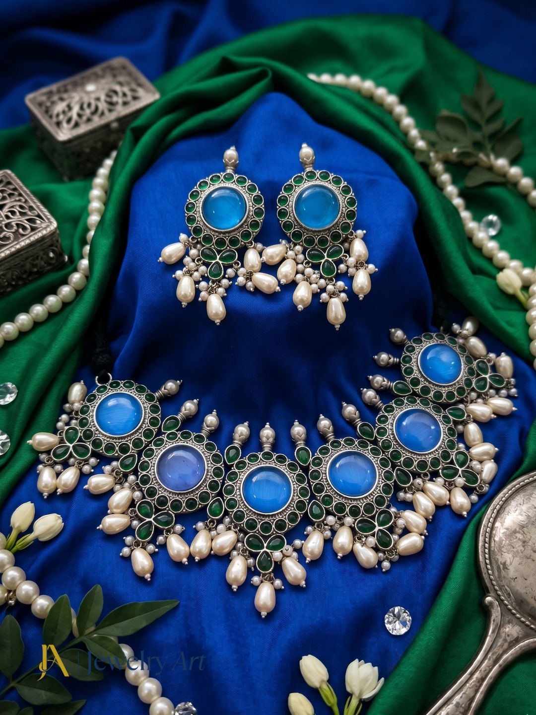 Party wear oxidized necklace earrings set with Monalisa and glass stone detailing

