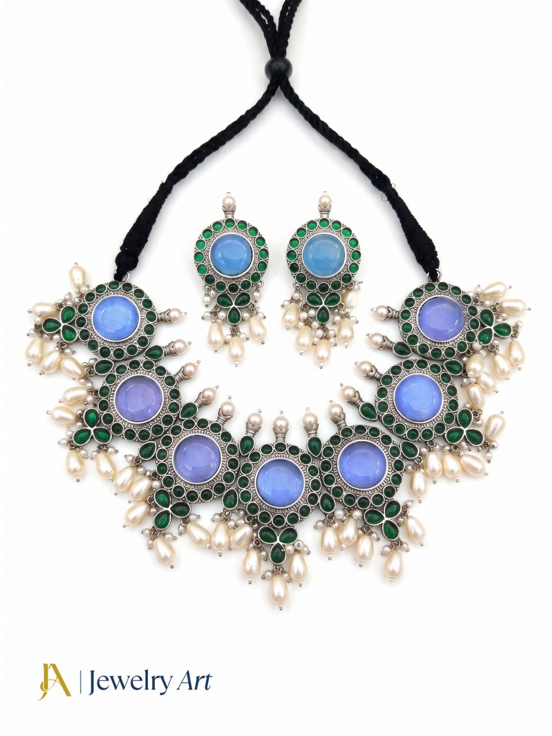 Party wear oxidized necklace earrings set with Monalisa and glass stone detailing
