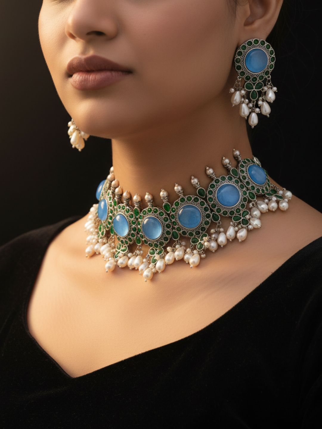 Elegant Antique GS Oxidized Blue Monalisa-Green Glass Stone-Pearl Choker Necklace-Earring Set