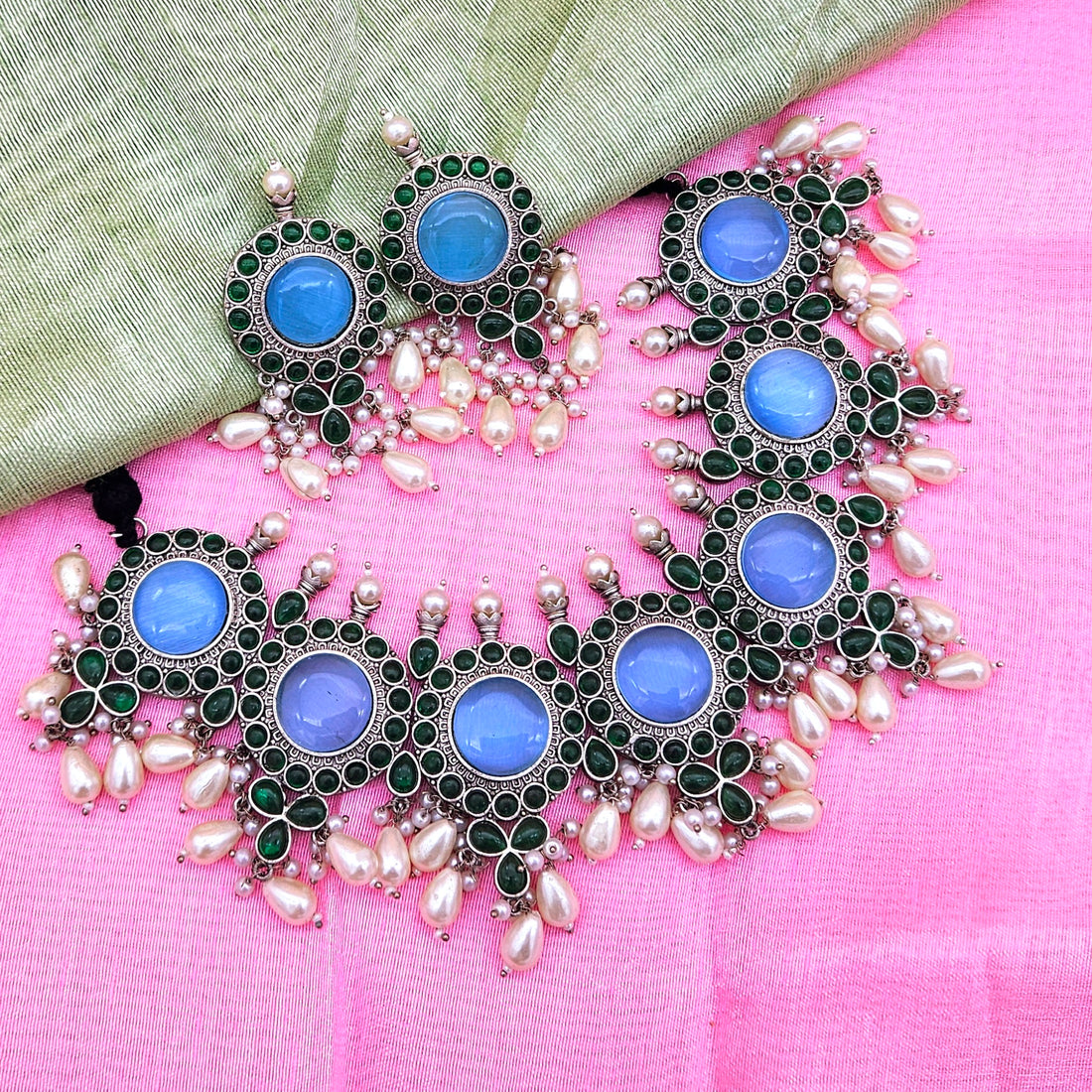Elegant Antique GS Oxidized Blue Monalisa-Green Glass Stone-Pearl Choker Necklace-Earring Set