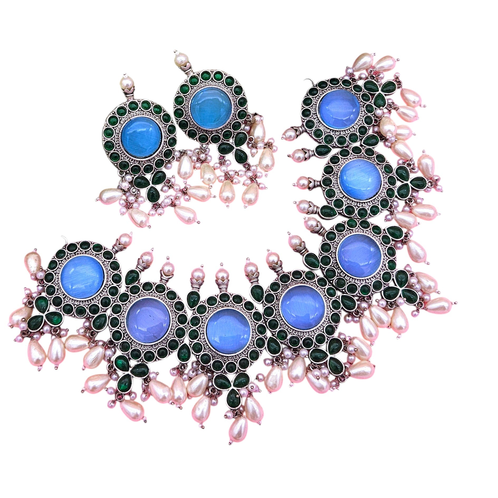 Elegant Antique GS Oxidized Blue Monalisa-Green Glass Stone-Pearl Choker Necklace-Earring Set