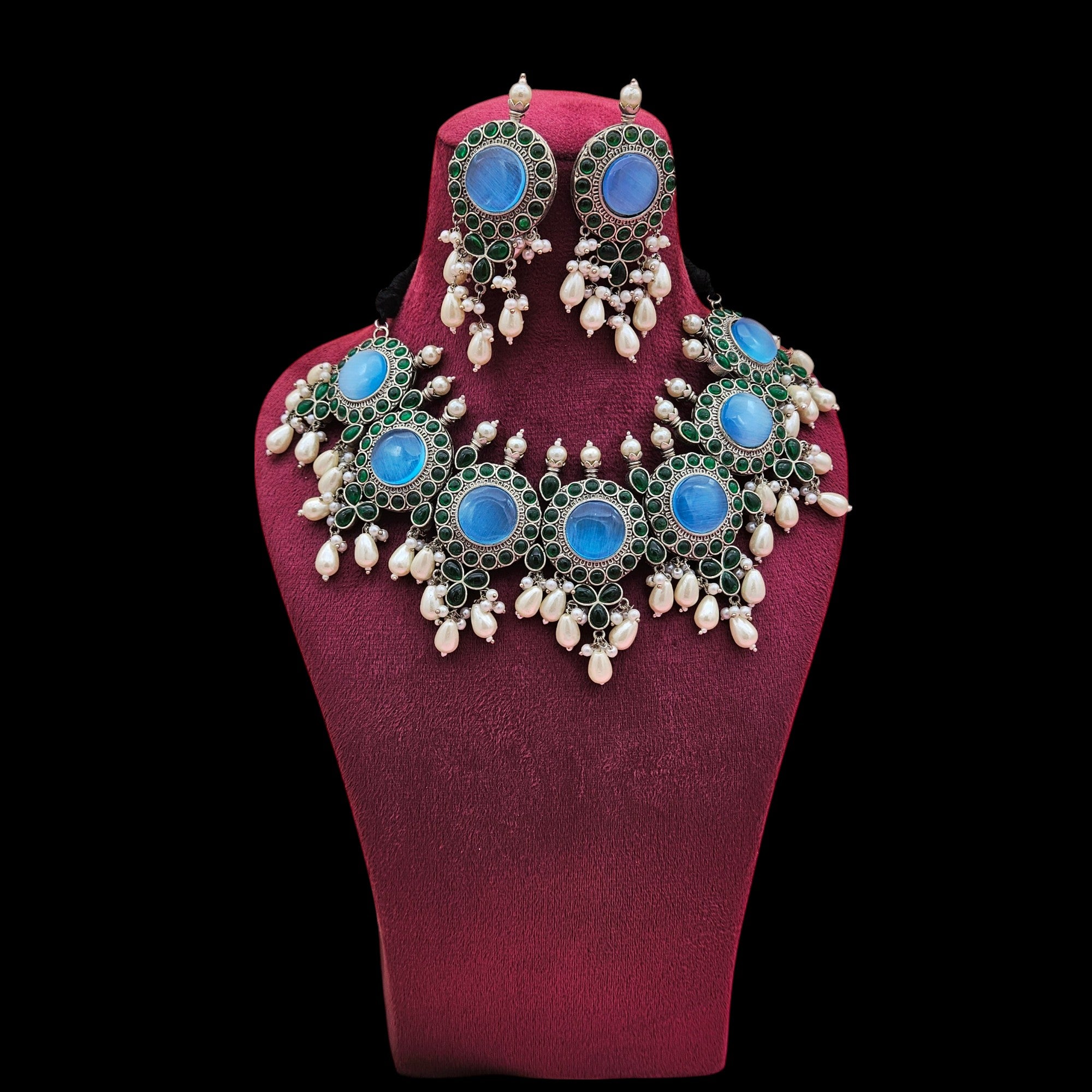 Elegant Antique GS Oxidized Blue Monalisa-Green Glass Stone-Pearl Choker Necklace-Earring Set