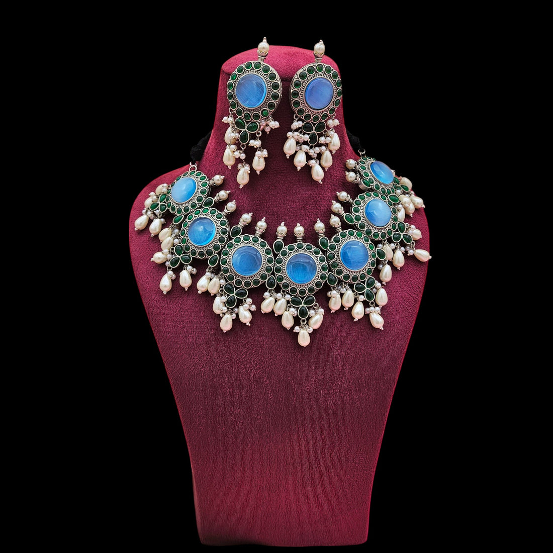 Elegant Antique GS Oxidized Blue Monalisa-Green Glass Stone-Pearl Choker Necklace-Earring Set